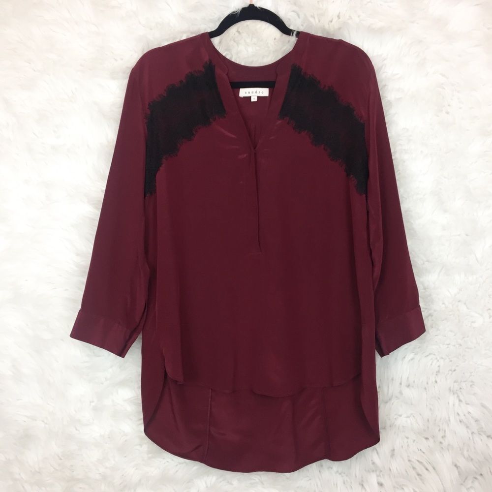 Sandro Burgundy Black Lace 100% Silk Eponyme Blouse Womens Size 8‎
